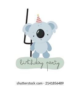 Birthday Party, Greeting Card, Party Invitation. Kids illustration with Cute Koala and the number four. Vector illustration in cartoon style.