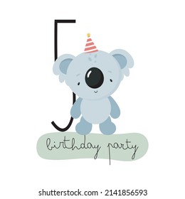Birthday Party, Greeting Card, Party Invitation. Kids illustration with Cute Koala and the number five. Vector illustration in cartoon style.