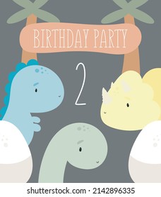 Birthday Party, Greeting Card, Party Invitation. Kids illustration with Cute Dinosaurs and and the number two. Vector illustration in cartoon style.