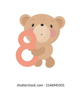 Birthday Party, Greeting Card, Party Invitation. Kids illustration with Cute Bear and and the number eight. Vector illustration in cartoon style.