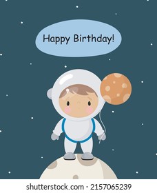 Birthday Party, Greeting Card, Party Invitation. Kids illustration with Cute Astronaut. Vector illustration in cartoon style.