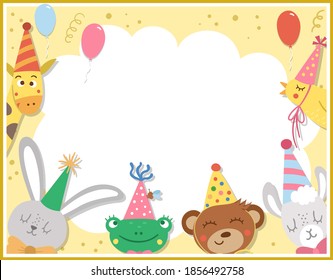 Birthday party greeting card template with cute animals. Anniversary poster or invitation for kids. Bright holiday illustration with traditional festive dessert, balloons, giraffe and place for text
