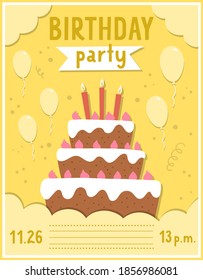 Birthday party greeting card template with cute cake and candles. Anniversary poster or invitation for kids. Bright holiday illustration with traditional festive dessert, balloons, confetti