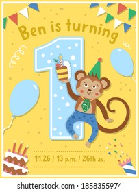 Birthday party greeting card template with cute monkey. Anniversary poster for kids. Bright holiday illustration with funny tropical character, cake, balloon. Festive one year old design for children
