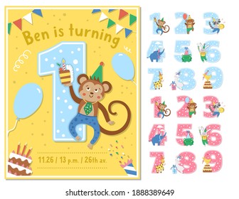 Birthday party greeting card template with cute monkey and set of numbers. Anniversary poster for kids. Bright holiday illustration with funny tropical character. Festive one year old design
