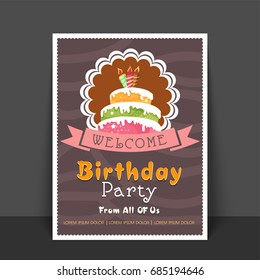 Birthday Party Greeting Card or Welcome Card design with illustration of colorful cake, Vintage style vector illustration.