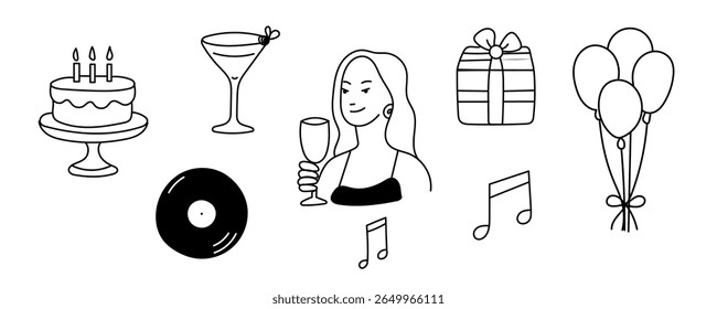 Birthday Party Greeting Decoration Element. Waman Character holding Champagne Wine Cocktail in Hand. Outline Contour Drawing Style Minimalist Design. Birthday Greeting Party Symbol Sign Doodle Art