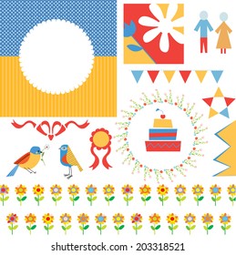 Birthday or party greeting set - frames, icons, flags, flowers