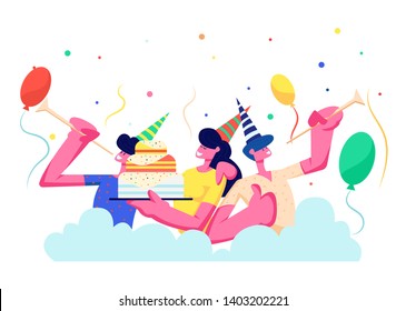 Birthday Party. Group of Cheerful People in Festive Hats Playing Pipes Celebrating Holiday on Colorful Background with Cake, Balloons and Confetti, Men, Women Rejoice. Cartoon Flat Vector Illustration