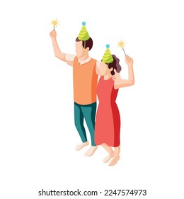 Birthday party guests wearing festive paper hats holding bengal lights 3d isometric vector illustration