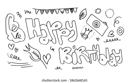 Birthday party hand drawn cartoon object doodle symbol  set.