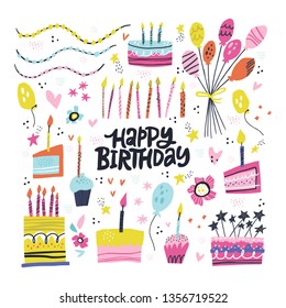 Birthday party hand drawn illustrations set. Greeting card, invitation design elements. Handwritten lettering. B-day cakes with candles, balloons. Holiday celebration, party decoration, accessories