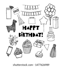 Birthday party hand drawn illustrations set. Greeting card, invitation design elements. B-day cakes with candles, balloons. Holiday celebration, party decoration, accessories
