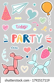 Birthday party hand-drawn stickers set