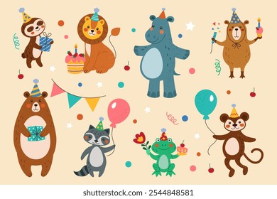 Festa de aniversário. Feliz desenhos animados. Urso bonito e macaco com chapéus festivos e balões. Engraçado leão e guaxinim comemorando aniversário de crianças. Férias para crianças. Conjunto de caracteres infantis organizado por vetor