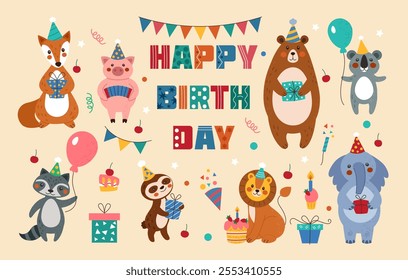 Birthday party. Happy cartoon animals. Cute bear and monkey. Festive gifts. Hats and balloons. Congratulation lettering poster. Holiday cake. Kids anniversary celebration. Vector tidy greeting card