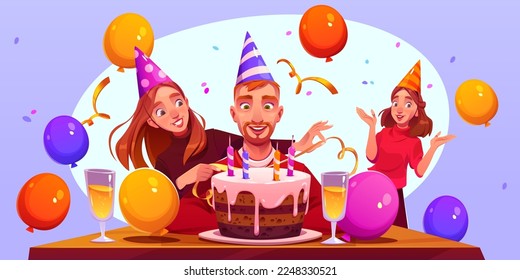 Birthday party with happy celebrating people, cake with candles, champagne in glasses, confetti and balloons. Greeting card with friends and birthday man in party hats, vector cartoon illustration