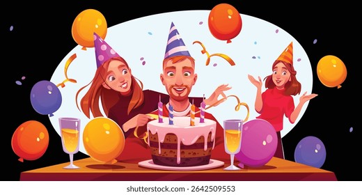 Birthday party with happy celebrating people, cake with candles, champagne in glasses, confetti and balloons. Greeting card with friends and birthday man in party hats, vector cartoon illustration