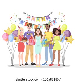 Birthday party. Happy people on celebration with gift box. Cake and alcohol, music and decoration. Anniversary party. Isolated flat vector illustration