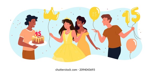 Birthday party with happy teenagers vector illustration. Cartoon male friend greeting, giving surprise gift cake and balloons to excited pretty girl in princess dress and tiara. Quinceanera concept