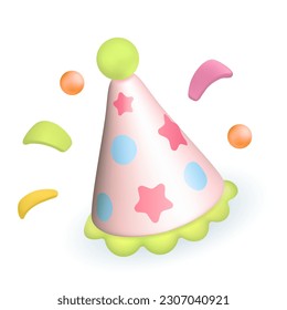 Birthday party hat 3d vector illustration. Colorful cap with confetti for surprise birthday party in cartoon style isolated on white background. Anniversary, holiday, happiness concept