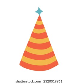 Birthday party hat in bright color with star above. Party cone and Christmas cap with cute decoration. Hand drawn vector illustration clipart in colorful doodle style isolated on white background.