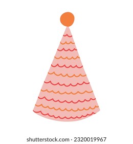 Birthday party hat in bright color with pompon above. Party cone and Christmas cap with cute decoration. Hand drawn vector illustration clipart in colorful doodle style isolated on white background.