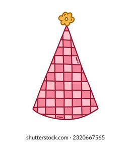 Birthday party hat in bright color with flower above. Party cone and Christmas cap with cute decoration. Simple vector colorful doodle with hand drawn outline isolated on white background.