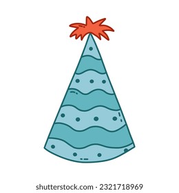 Birthday party hat in bright color with palm above. Party cone and Christmas cap with cute decoration. Simple vector colorful doodle with hand drawn outline isolated on white background.