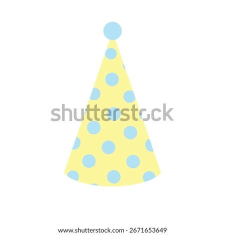 a birthday party hat, clean vector art, two-color design of pale yellow with soft blue polka dots, simple cone shape with a small circle on top, isolated on a solid white background