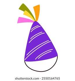 Birthday party hat, cone cap, festive pointy headwear for celebrations. Funny paper head wear with strap, costume accessory, decoration. Childish flat vector illustration isolated on white background