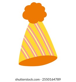 Birthday party hat, cone cap, festive pointy headwear for celebrations. Funny paper head wear with strap, costume accessory, decoration. Childish flat vector illustration isolated on white background