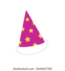 Birthday party hat cone cap – cartoon style icon. Simple purple wizard hat with stars isolated on white background. Vector illustration