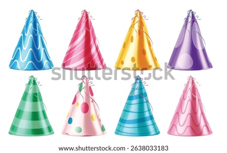 Birthday party hat elements clipart set. Colorful and glossy party hat with printed and pattern clip art collection for birthday costume cone object cartoon.