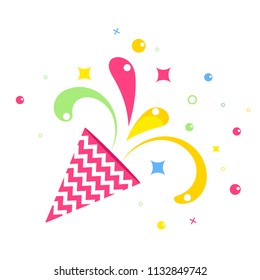 Birthday party hat flat vector cartoon icon. Fireworks, confetti and hanging sparkling serpentine. Balloons, cake, gifts and surprises. Objects isolated on white background.