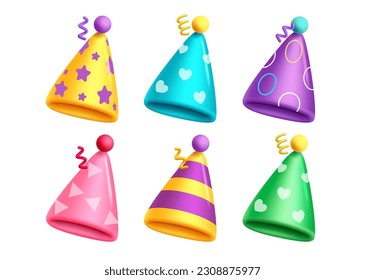 Birthday party hat set vector design. Birthday hat and cap colorful collection for party and holiday celebrations. Vector illustration isolated white elements.