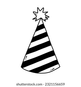 Birthday party hat with star above. Sketch of party cone and Christmas cap with cute decoration. Simple vector black doodle with hand drawn outline isolated on white background.