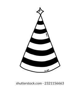 Birthday party hat with star above. Sketch of party cone and Christmas cap with cute decoration. Simple vector black doodle with hand drawn outline isolated on white background.