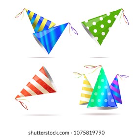 Birthday party hat with stripes. Vector isolated illustration. Holiday icon. Isometric 3d illustration