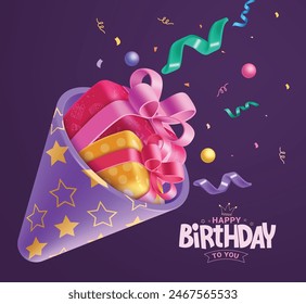 Birthday party hat vector design. Happy birthday greeting text with 3d cone shape party cap in star pattern and gift box elements decoration in purple background. Vector illustration birthday greeting