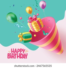 Birthday party hat vector design. Happy birthday greeting text with pink cone shape party cap, gift box and balloons party elements decoration. Vector illustration birthday greeting design.
