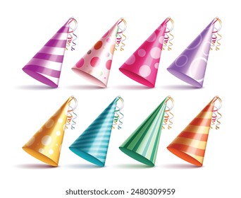 Birthday party hat vector set design. Birthday colorful cone shape with stripes and dots pattern isolated in white background for kids fun party elements. Vector illustration party hat collection. 
