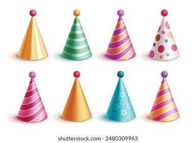 Birthday party hat vector set design. Birthday cone shape colorful cap with stripes, dots and stars pattern for kids fun party elements collection. Vector illustration party hat set. 
