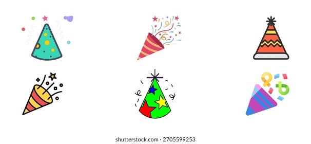 Birthday Party Hat Vector Set – Colorful Cone Caps, Confetti, Festive Celebration Icons, Cute Cartoon and 3D Birthday Cap Illustrations