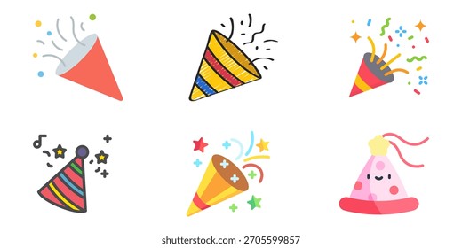 Conjunto de Vector de sombrero de fiesta de cumpleaños: gorras de cono de colores, confeti, iconos de celebración festiva, dibujos animados lindos y Ilustraciones de gorra de cumpleaños en 3D