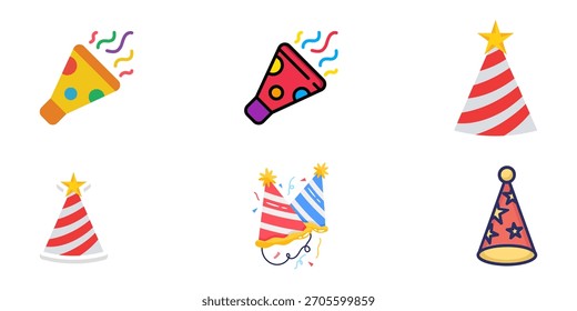 Birthday Party Hat Vector Set – Colorful Cone Caps, Confetti, Festive Celebration Icons, Cute Cartoon and 3D Birthday Cap Illustrations
