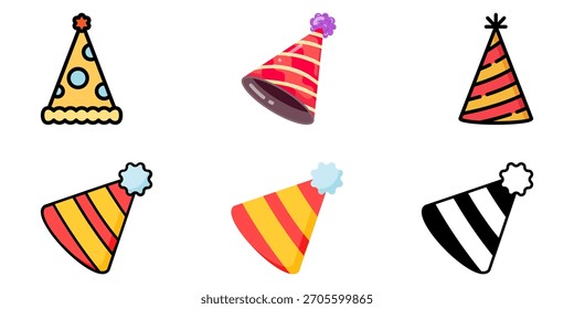Conjunto de Vector de sombrero de fiesta de cumpleaños: gorras de cono de colores, confeti, iconos de celebración festiva, dibujos animados lindos y Ilustraciones de gorra de cumpleaños en 3D