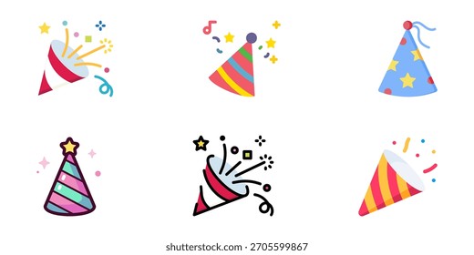 Birthday Party Hat Vector Set – Colorful Cone Caps, Confetti, Festive Celebration Icons, Cute Cartoon and 3D Birthday Cap Illustrations