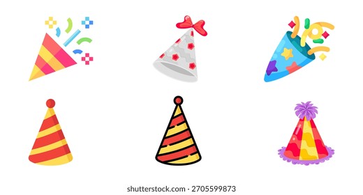Conjunto de Vector de sombrero de fiesta de cumpleaños: gorras de cono de colores, confeti, iconos de celebración festiva, dibujos animados lindos y Ilustraciones de gorra de cumpleaños en 3D