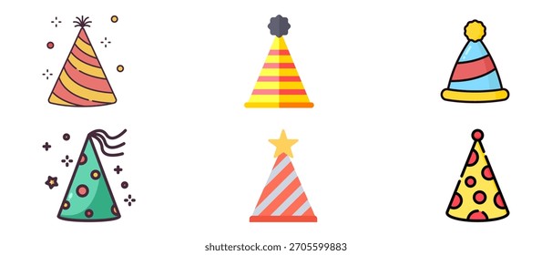 Birthday Party Hat Vector Set – Colorful Cone Caps, Confetti, Festive Celebration Icons, Cute Cartoon and 3D Birthday Cap Illustrations